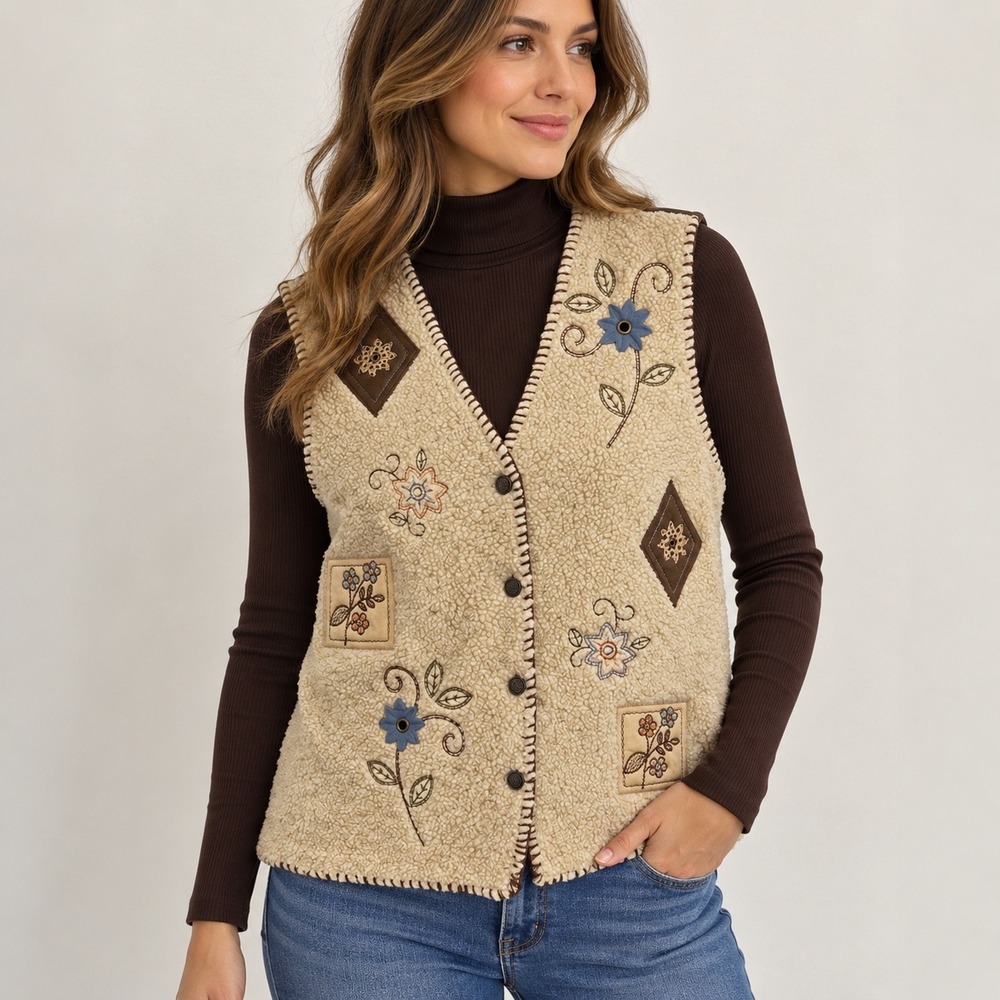 Alfred Dunner Vintage Sherpa Floral Embroidered Vest Faux Suede Back Brown 1X